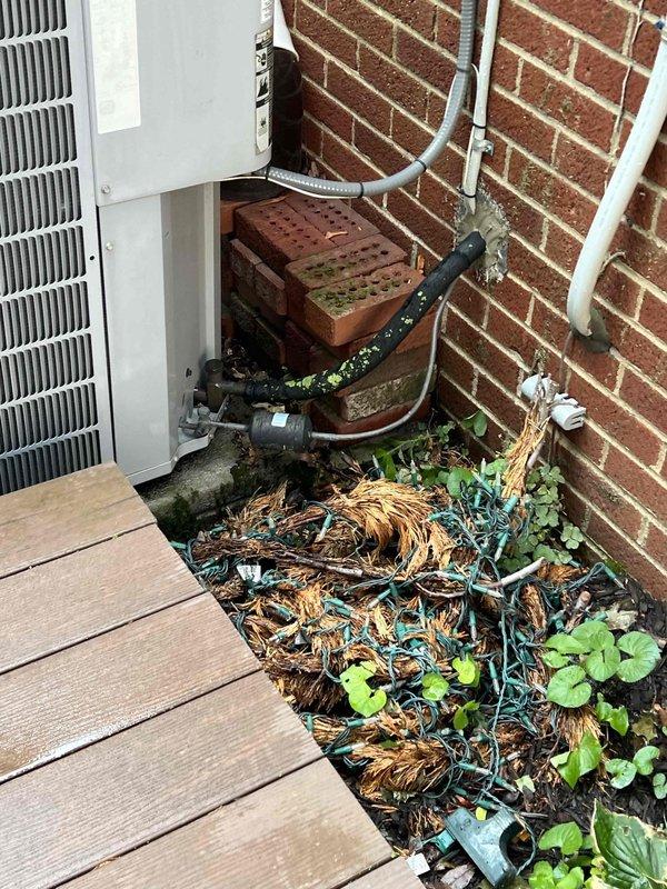 # Summary

Completed comprehensive Gold-level preventive maintenance on a 10-year-old residential air conditioning system with outdoor condenser unit and indoor evaporator coil. No operational issues were reported prior to service, and system performed within normal parameters throughout inspection.

# Work Performed

Conducted thorough inspection of outdoor condenser unit located on concrete pad at side of residence. Removed accumulated debris including pine needles, twigs, and vegetation from around unit base and coil fins to ensure proper airflow. Cleared organic matter and weeds growing near foundation to maintain adequate clearance around equipment.

Inspected condenser coil fins for damage and blockage. Cleaned exterior coil surfaces to restore heat transfer efficiency. Verified fan motor operation and checked fan blade condition for proper balance and secure mounting. Examined refrigerant line insulation and electrical conduit routing along foundation wall for signs of deteriora