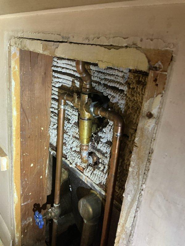 Responded to intermittent drain pipe leak at joint in 80-year-old residential property. Opened interior wall to access deteriorated plumbing system, revealing rusted pipes with visible water damage and corrosion. Located leak isolated to single joint connection in aged copper piping assembly with brass fittings. Assessed structural cavity showing evidence of long-term moisture intrusion and compromised pipe integrity. Documented existing conditions including corroded fixtures, water staining, and deteriorated wall materials surrounding plumbing infrastructure. Work performed during requested late-afternoon service window to accommodate scheduling preferences.