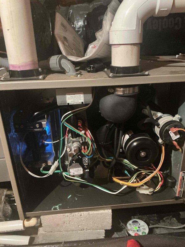 Responded to service call for water leak from 14-year-old furnace located in attic causing system shutdown. Inspected unit and identified failed secondary heat exchanger as source of condensate leak. Ordered replacement secondary heat exchanger from manufacturer for pickup and scheduled installation. Performed visual inspection of primary heat exchanger for cracks and structural integrity during diagnostic evaluation.