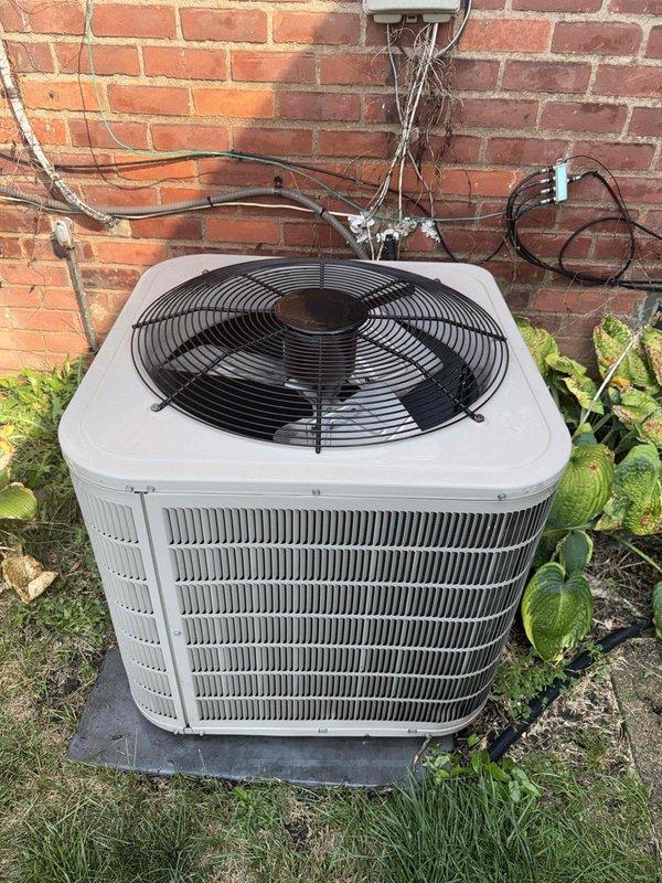 Completed comprehensive Gold AC Inspection and preventive maintenance on 15-year-old Bryant air conditioning system with components located in basement and backyard. Performed complete system evaluation including inspection of outdoor condenser unit positioned on concrete pad against brick wall, verified proper clearance from surrounding vegetation and structures, and confirmed unit is operating within normal parameters. Inspected condenser coils with horizontal fin configuration, checked fan operation and protective grille integrity, examined electrical connections at wall-mounted junction box, and verified refrigerant lines and conduit installations. Evaluated indoor components in basement including air handler, evaporator coil, and associated ductwork. Cleaned condenser coils to remove debris and ensure optimal heat transfer efficiency, checked refrigerant pressures and temperatures to confirm proper system charge, tested capacitor performance and electrical connections for safety a
