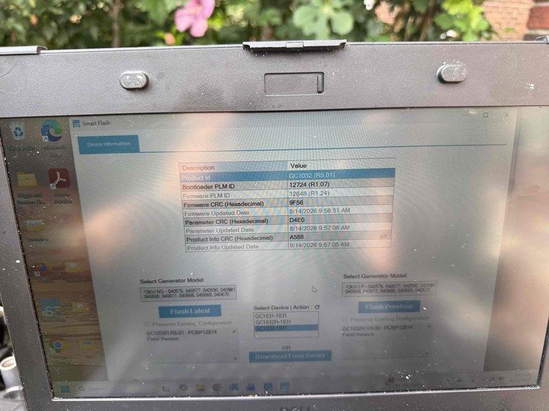 Responded to service call for 12kW Briggs and Stratton standby generator that failed to perform its scheduled weekly exercise cycle. Connected diagnostic laptop to generator control system and accessed Smart Hash software interface to evaluate system parameters and firmware status. Successfully completed firmware update on generator control board, updating from previous version to current firmware dated 4/6/2023, with verified CRC value of 8FE7 and product ID GC1032. Tested system operation following update to confirm proper functionality and restored automatic exercise cycle capability.