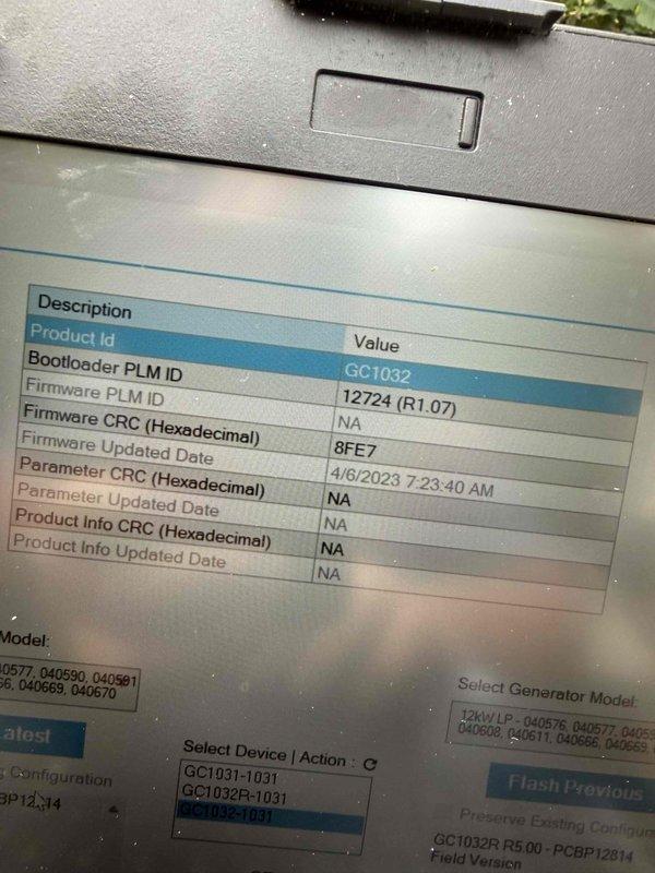 Responded to service call for 12kW Briggs and Stratton standby generator that failed to perform its scheduled weekly exercise cycle. Connected diagnostic laptop to generator control system and accessed Smart Hash software interface to evaluate system parameters and firmware status. Successfully completed firmware update on generator control board, updating from previous version to current firmware dated 4/6/2023, with verified CRC value of 8FE7 and product ID GC1032. Tested system operation following update to confirm proper functionality and restored automatic exercise cycle capability.