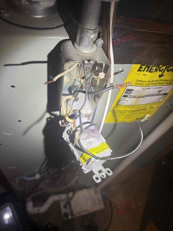 Responded to no heat call for 7-year-old AC system located in basement. Upon inspection, found power source failure affecting both the air conditioning unit and condensate pump. Diagnosed electrical supply issue at outlet feeding the equipment. Verified proper wiring connections at furnace control board and traced power loss to failed GFCI receptacle supplying the condensate pump. Replaced defective outlet, restored power to condensate pump and confirmed proper drainage function. Tested all electrical connections, verified system controls operational, and confirmed heating system restored to normal operation.