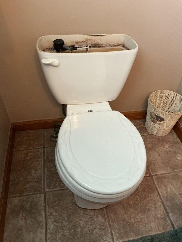Performed inspection of residential toilet to assess condition and provide repair versus replacement recommendation. Removed tank lid to examine internal flush mechanisms, noting functional black float valve and flush assembly. Observed significant mold and mildew buildup around interior tank rim with dark brown and black staining where lid interfaces with tank body, indicating prolonged moisture exposure and potential seal deterioration. Verified water supply line connection with braided stainless steel flex line and shut-off valve at floor level in proper working condition. Documented toilet condition including ceramic surfaces, two-piece standard design, and overall functionality to provide comprehensive estimate options for repair of existing fixture or complete replacement.