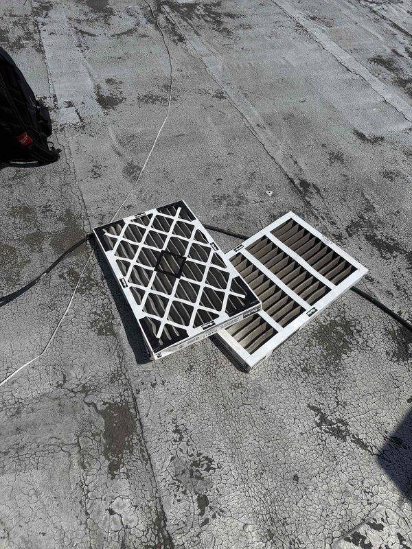 Responded to no-start condition on commercial air conditioning unit. Upon arrival, discovered system was non-operational. Inspected air handling system and found multiple clogged air filters restricting airflow, which likely contributed to system shutdown. Removed and replaced three dirty 16x25x2 pleated air filters from ceiling-mounted filter housing. Verified proper filter orientation with directional arrows for correct airflow. System restored to normal operation following filter replacement. Unit tested and confirmed running properly at completion of service.