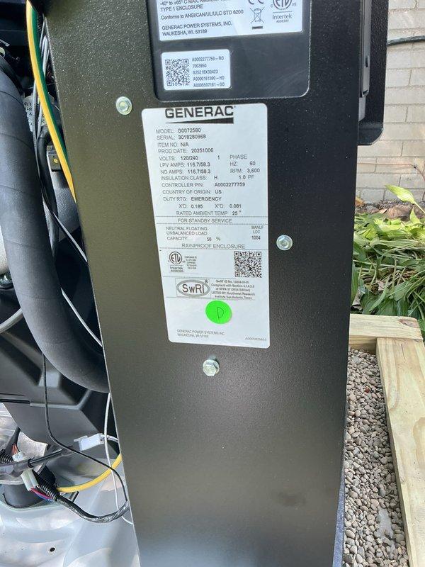 Completed installation of a 14kW Generac standby generator system, model 22072580, including all required electrical connections and gas line integration. Secured necessary mechanical, electrical, and generator permits prior to installation. System tested and verified operational with proper pressure readings confirmed on gas supply line.