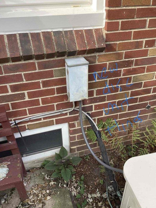 Completed comprehensive HVAC system replacement estimate for 25-30 year old equipment with air handler located in basement. Assessed existing infrastructure, planned new refrigerant line routing through basement joists as indicated by markings, and evaluated exterior penetration points for new condensate and refrigerant line installation through foundation. Documented current system configuration and provided homeowner with replacement options for aging equipment.