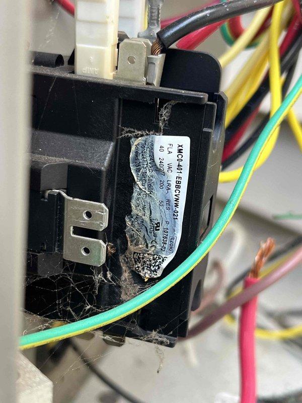Responded to no cooling call on one-year-old air conditioning system located in basement. Upon inspection, found control board compartment heavily contaminated with cobwebs and dust accumulation around safety switches, relay components, and wiring connections. Cleaned all electrical components, removed debris from control panel, verified proper wire connections at terminal blocks and relay contacts, and restored system to normal operation with cooling functionality confirmed.