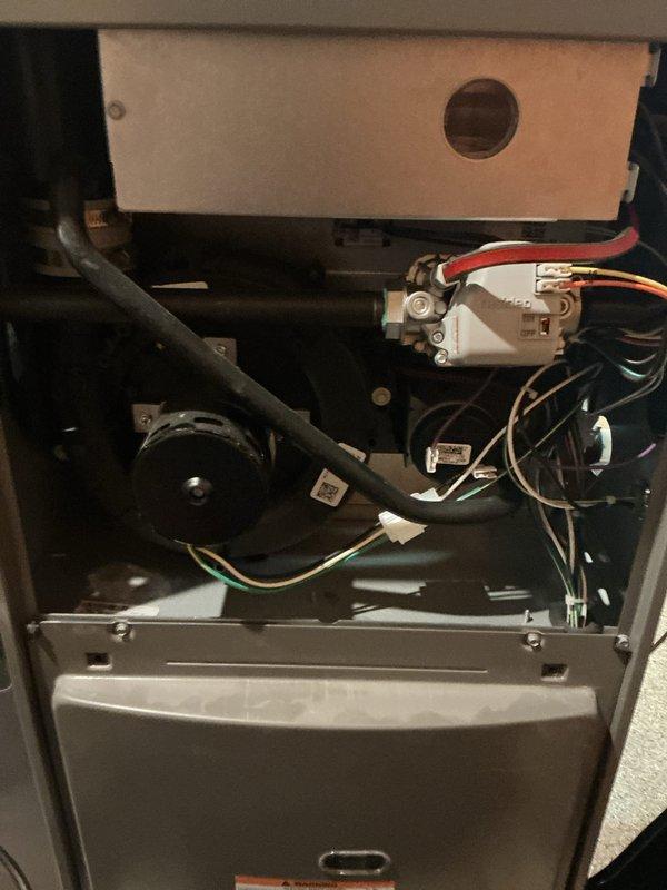 Completed comprehensive Gold-level maintenance inspection on residential HVAC system including 1-year-old furnace located in basement and 8-year-old outdoor condensing unit. Performed thorough examination of furnace interior components including blower motor assembly, electrical connections, control module, and wiring harnesses; verified all connections secure and components operating within normal parameters. Inspected outdoor air conditioning condenser unit positioned on concrete pad against exterior brick wall; evaluated cabinet condition, coil cleanliness, and overall system operation. Both units found to be in good working condition with no immediate service needs identified during this preventative maintenance visit.