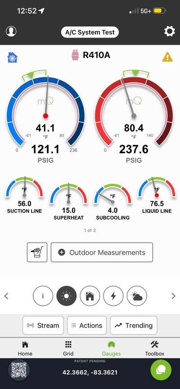 Completed Gold AC Inspection on a one-year-old Lennox air conditioning system with basement coil location. Performed comprehensive system diagnostics using digital manifold gauges, confirming proper R410A refrigerant charge with suction pressure at 121.1 PSIG (41.1°F) and discharge pressure at 237.6 PSIG (80.4°F). Measured superheat at 15.0°F and subcooling at 4.0°F, both within acceptable operating parameters. Inspected outdoor condenser unit positioned on composite pad against exterior wall, noting unit in good operational condition with proper clearance and level installation. System operating efficiently with no deficiencies identified during inspection.