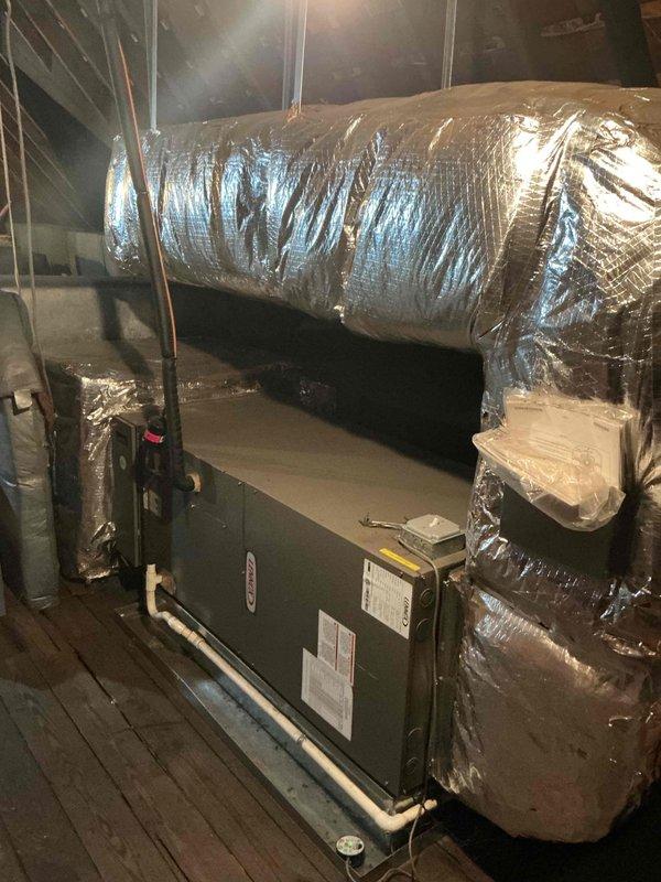 Responded to no cooling complaint on second floor air conditioning system. Upon arrival, found thermostat unresponsive and unable to communicate with ten-year-old outdoor condensing unit. Accessed attic-mounted air handler to perform diagnostic testing using multimeter to check control voltage and verify proper power supply to thermostat circuit. Identified failed thermostat as root cause of system inoperability. Replaced defective thermostat with new unit, verified proper wiring connections, and programmed settings per customer preferences. Cycled system through cooling mode to confirm proper communication between thermostat and air handler, verified adequate airflow through ductwork, and ensured condensing unit engaged properly on call for cooling. System restored to full operational status with proper temperature control functionality.