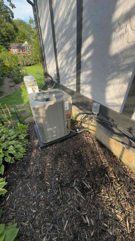 Completed full HVAC system installation including new Lennox air handler mounted vertically in attic space with insulated flex ductwork, condensate wet switch, and drain pan. Installed outdoor condensing unit on concrete pad with refrigerant line set, performed refrigerant flush, and ran insulated copper lines along exterior wall. System tested and operational upon completion.