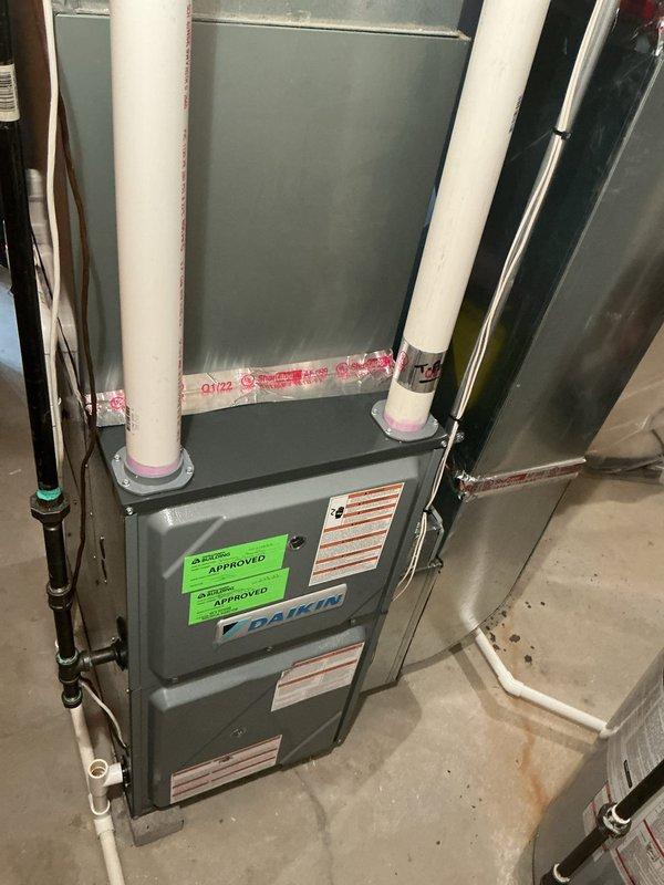 Responded to service call for reported gas leak on Daikin furnace system. Upon arrival, performed comprehensive gas leak detection inspection of all connections, burner assembly, gas valve, and supply piping. Utilized combustible gas detector to identify leak source at burner manifold connection. Shut down system and isolated gas supply for safety. Tightened manifold connection and replaced faulty gasket seal. Pressure tested all gas connections and verified no additional leaks present. Inspected burner flames for proper blue combustion pattern and confirmed all burners igniting correctly. Verified proper operation of all safety controls and limit switches. System restored to full operation with no gas leaks detected and proper flame characteristics observed.