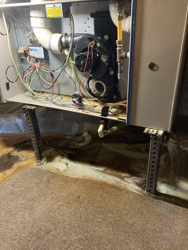 Conducted comprehensive evaluation of 16-year-old air conditioning system for replacement estimate. Inspected outdoor condensing unit on east side of property and assessed indoor air handler components located in crawl space, including blower motor assembly, electrical connections, gas line connections, and ductwork integration with existing furnace system. Documented current system configuration with photographs showing internal mechanical components, PVC condensate drainage, flexible conduit, metal ductwork, and elevated equipment mounting on support brackets with drain pan positioned below unit for proper condensate management.