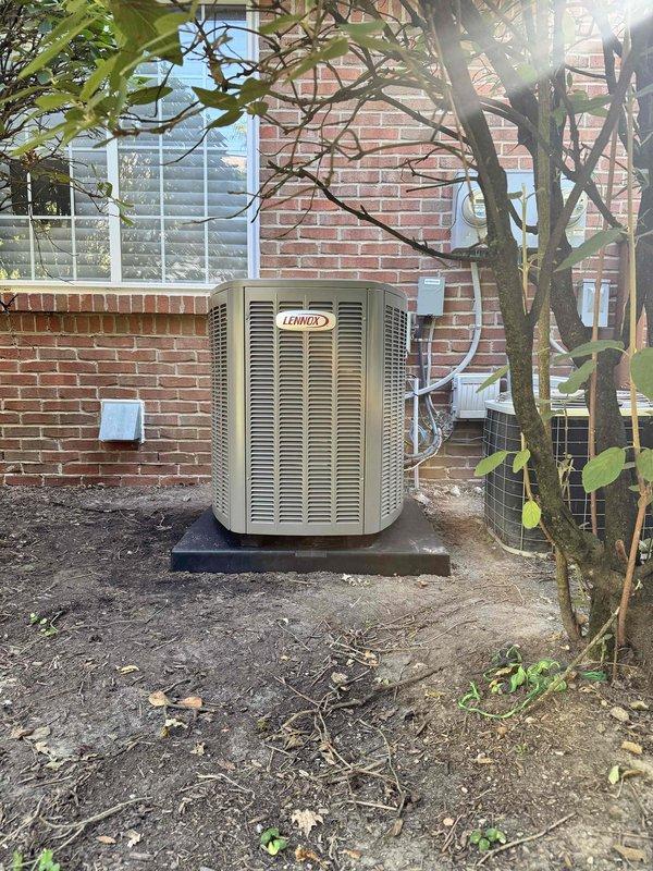 Completed installation of a 3-ton Lennox air conditioning system with matching evaporator coil at rear of residence. System was installed on concrete pad with proper electrical reconnection, conduit routing along exterior brick wall, and all necessary mechanical and electrical permits obtained. All components tested and operational upon completion.