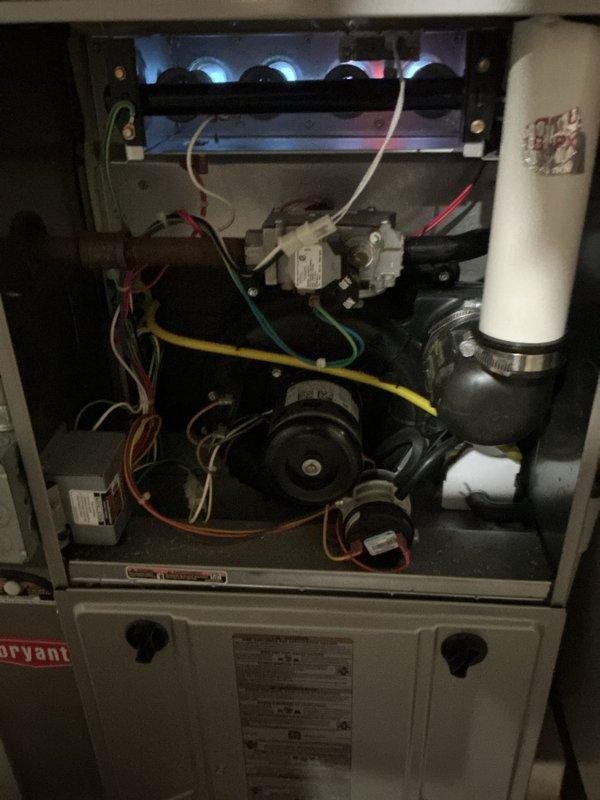 Completed comprehensive Gold Plan maintenance inspection on 11-year-old Bryant furnace located in basement. Performed full system evaluation including burner assembly inspection, heat exchanger examination, blower motor operation check, gas valve testing, and electrical connection verification. Inspected pleated air filter showing dust accumulation; documented current condition with photos of filter media and internal components including ignition system, control board, and condensate drainage. All mechanical and electrical systems operating within normal parameters. Unit functioning properly with no immediate safety concerns identified.