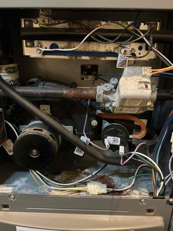 Completed scheduled furnace maintenance on 2012 unit located in basement. Performed comprehensive inspection of gas valve assembly, ignition components, blower motor, and all electrical connections. Noted moderate surface corrosion on copper piping and rust accumulation on mounting rails and metal framework consistent with equipment age. All burner components, gas control valve, and flame sensor coil inspected and found operational. Verified proper wire connections throughout system and checked blower assembly function. Unit operating within normal parameters at time of service completion.