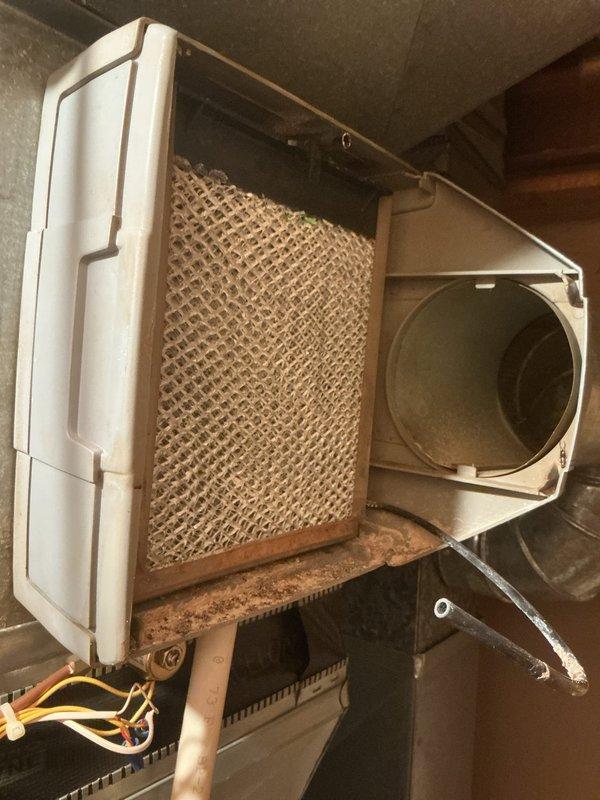 Completed comprehensive furnace inspection and tune-up on 16-year-old unit located in basement storage room. Removed and cleaned heavily soiled aluminum mesh filters showing significant grease and dust accumulation, restoring proper airflow. Inspected evaporative cooler assembly in attic space, noting considerable mineral deposits and debris buildup on honeycomb cooling pad. Verified motor assembly, electrical connections, and ductwork connections for proper operation. System operational upon completion with improved air filtration efficiency.