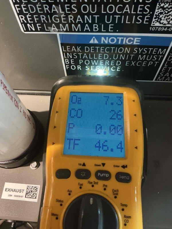 Completed comprehensive Gold-level furnace inspection on less than one-year-old unit located in basement. Performed full system diagnostics using digital testing equipment, measuring temperature differentials, combustion analysis, and system pressures to verify proper operation. Confirmed leak detection system functionality, verified proper venting configuration, inspected all safety labels and compliance notices, and documented equipment condition through diagnostic readings showing normal operating parameters.