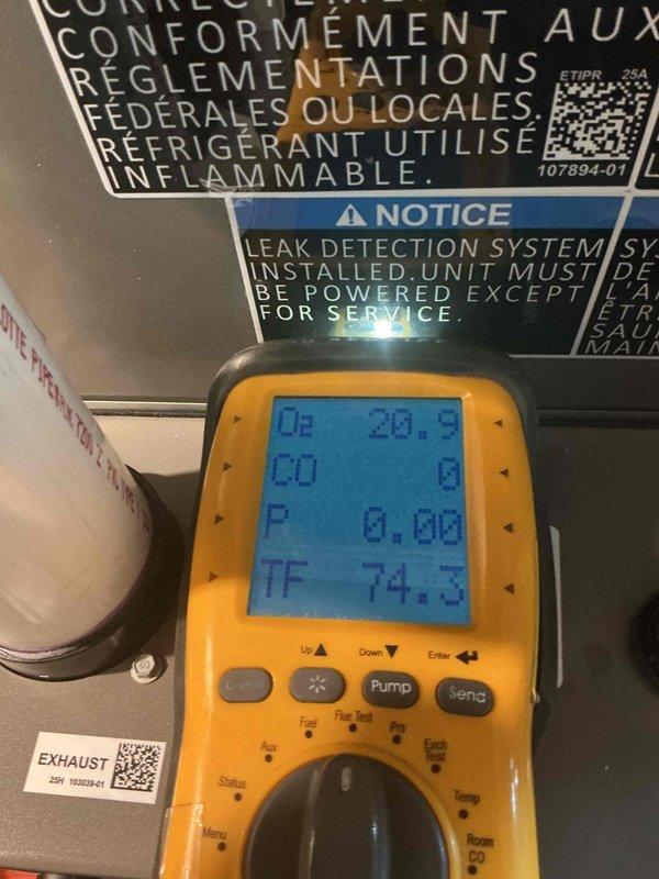 Completed comprehensive Gold-level furnace inspection on less than one-year-old unit located in basement. Performed full system diagnostics using digital testing equipment, measuring temperature differentials, combustion analysis, and system pressures to verify proper operation. Confirmed leak detection system functionality, verified proper venting configuration, inspected all safety labels and compliance notices, and documented equipment condition through diagnostic readings showing normal operating parameters.