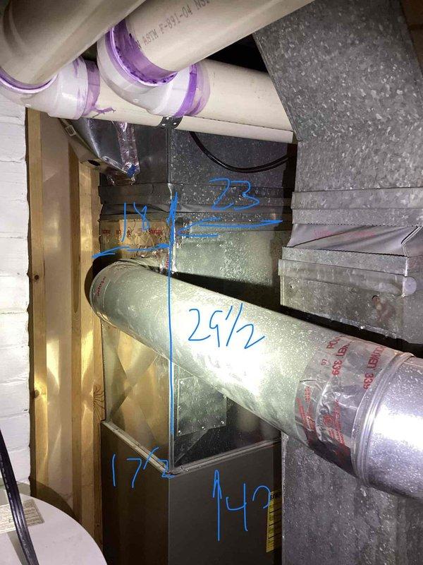 Conducted estimate for replacement of 27-year-old air conditioning unit located on south side of property. Assessed existing outdoor condenser unit and interior ductwork system, documenting current installation configuration including duct measurements and support structures in basement area. Provided replacement options and recommendations for new AC system to customer who was referred by previous client.