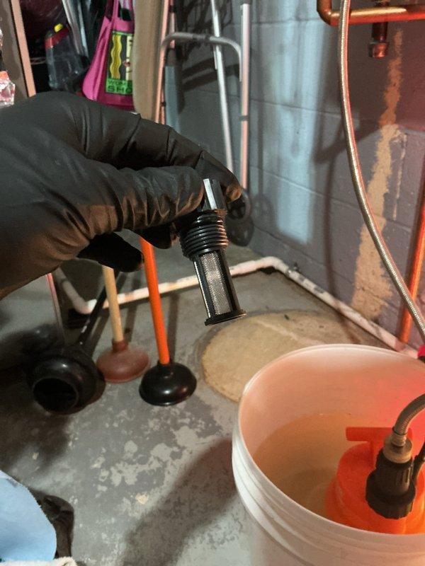 Performed routine maintenance flush on tankless water heater system. Removed and cleaned inlet filter screen, which showed sediment accumulation. Flushed unit using descaling solution to remove mineral deposits and ensure optimal heat exchanger performance. Reinstalled cleaned filter assembly and verified proper water flow through copper supply lines. Unit tested and operating within normal parameters upon completion.