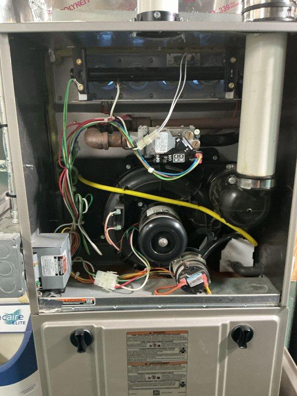 Completed comprehensive Gold Furnace Inspection on a 5-year-old gas furnace located in the basement. Performed full system evaluation including inspection of the blower motor assembly, heat exchanger, burner combustion chamber, flame sensors, ignition components, electrical connections, and all safety controls. Verified thermostat operation and battery condition, examined all wire terminals and connections for proper contact and wear, inspected gas valve controls, checked ductwork connections, and assessed overall system functionality. All components found to be operating within normal parameters with no immediate service needs identified at this time.