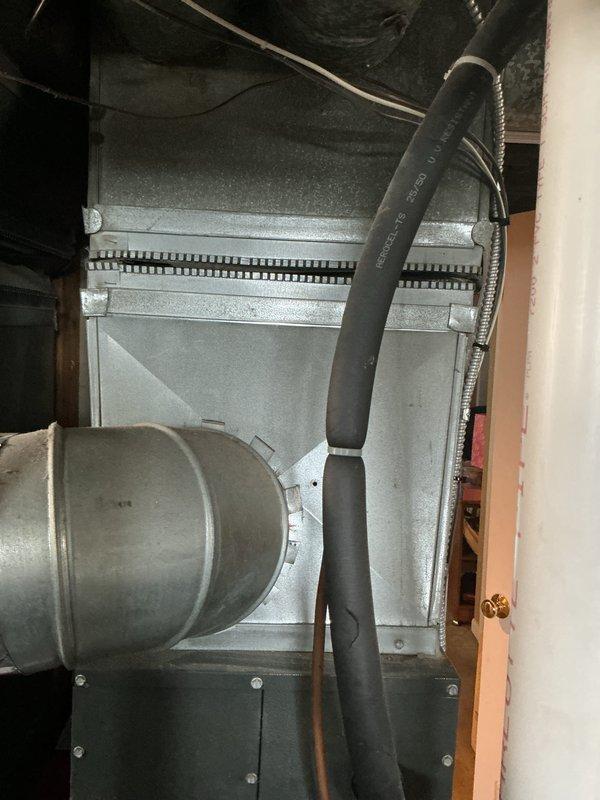 Provided estimate for complete HVAC system replacement including non-operational air conditioning unit and natural gas furnace, both 15-20 years old and located at side of house with air handler in attic utility space. Assessed existing equipment configuration including ductwork, thermostat control system, and current installation accessibility for replacement planning. Documented system specifications and photographed existing equipment to prepare comprehensive replacement proposal for residential comfort system upgrade.