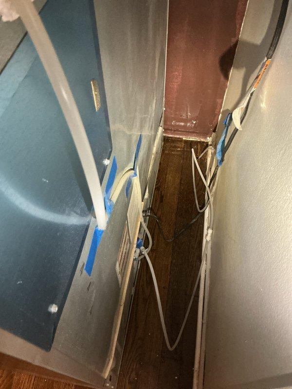 Responded to water leak complaint originating from ceiling. Inspected basement crawlspace and identified source of leak in copper supply line near junction with HVAC ductwork. Repaired compromised pipe fitting and verified all connections were secure. Confirmed no active leaking and advised homeowner to monitor for any recurrence.