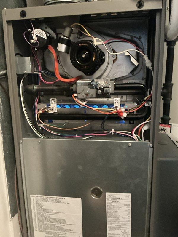 Completed comprehensive Gold-level furnace inspection on a 1-year-old forced air system located near the back door. Performed thorough examination of all furnace components including inducer fan motor, burner assembly, gas valve, ignition system, and electrical connections with all wiring harnesses verified for proper installation and function. Removed access panel to inspect internal components, confirmed proper operation of blower motor assembly, verified gas valve connections and all colored wire terminations secure, and documented equipment condition with photographic records. All burner tubes, safety controls, and ventilation components including flue pipe connections inspected and found to be operating within manufacturer specifications with no deficiencies noted at time of inspection.