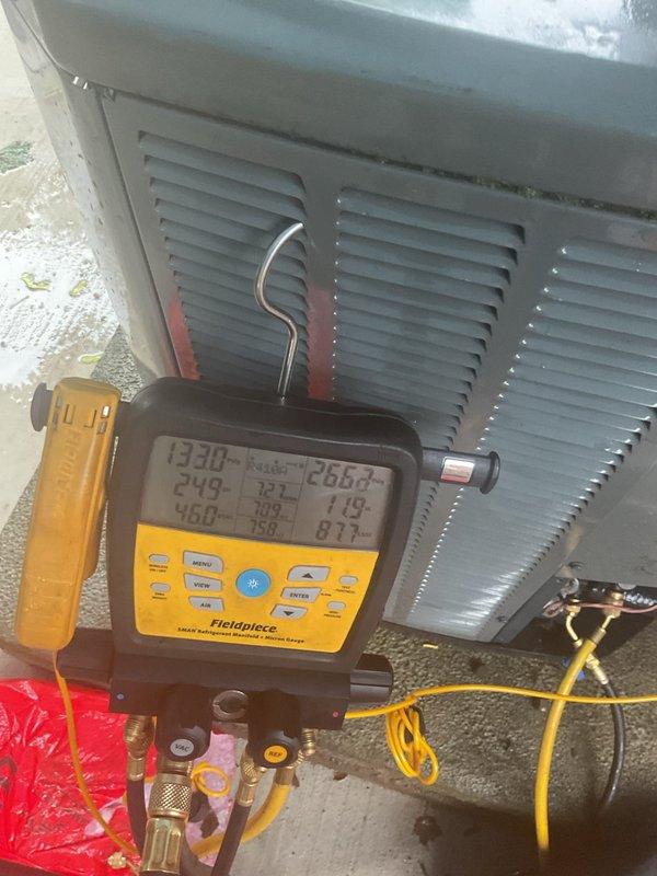 Completed air conditioning reconnection service at property. Performed electrical wiring reconnection using proper wire connectors and conduit installation. Verified system operation by taking diagnostic readings with digital manifold gauge, confirming proper refrigerant pressures and temperatures across the system to ensure unit was functioning within manufacturer specifications.