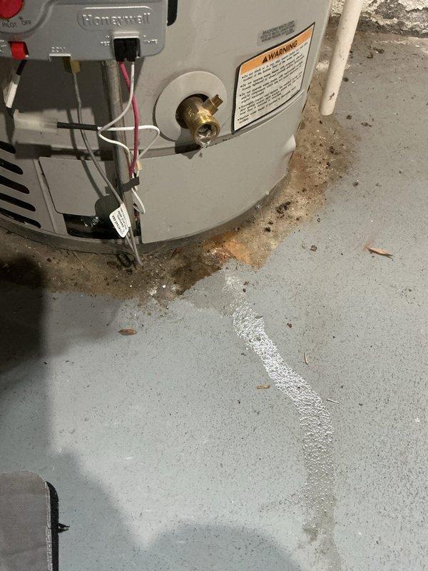 Completed Gold Furnace Inspection on a 10+ year old Lennox forced air furnace located in the basement. Unit is operational and homeowner confirmed equipment is working properly. Inspected furnace components, burners, heat exchanger, blower assembly, and safety controls per Gold maintenance protocol. Checked air filter, verified proper airflow, and tested thermostat operation. Examined venting system including PVC condensate drain lines for proper drainage and clearances.

During inspection, observed a Bradford White water heater adjacent to the furnace showing signs of water leakage at the base. Noted rust-colored staining on concrete floor extending from water heater base, indicating active or recent water discharge. Visible moisture trails and corrosion present at tank base where unit meets floor. Water heater control assembly with Honeywell components shows electrical connections intact, though the brass-colored relief valve area exhibits signs of discharge. Documented conditions wi