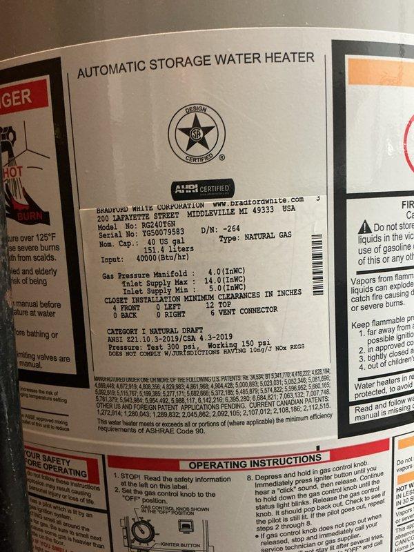 # Plumbing Service - Whole Home Inspection

## Primary Concern Addressed

Responded to complaint of hot water emitting sulfur/rotten egg odor. Inspected Bradford White 40-gallon natural gas water heater (Model RG240T6N, 40,000 BTU/hr input) and identified odor as likely caused by sulfur bacteria reaction with magnesium anode rod in tank. 

## Water Heater Inspection Findings

Examined water heater specifications and operational components. Unit displayed proper manufacturer labeling with all safety warnings intact. Verified gas input specifications and clearance requirements met code standards. Documented existing condition of tank exterior and label placement for service records.

## Whole Home Plumbing System Inspection

Conducted comprehensive inspection of residential plumbing infrastructure. Examined exposed copper supply lines running vertically and horizontally through wall cavity between framing studs. Inspected multiple shut-off valves throughout system, including turquoise an