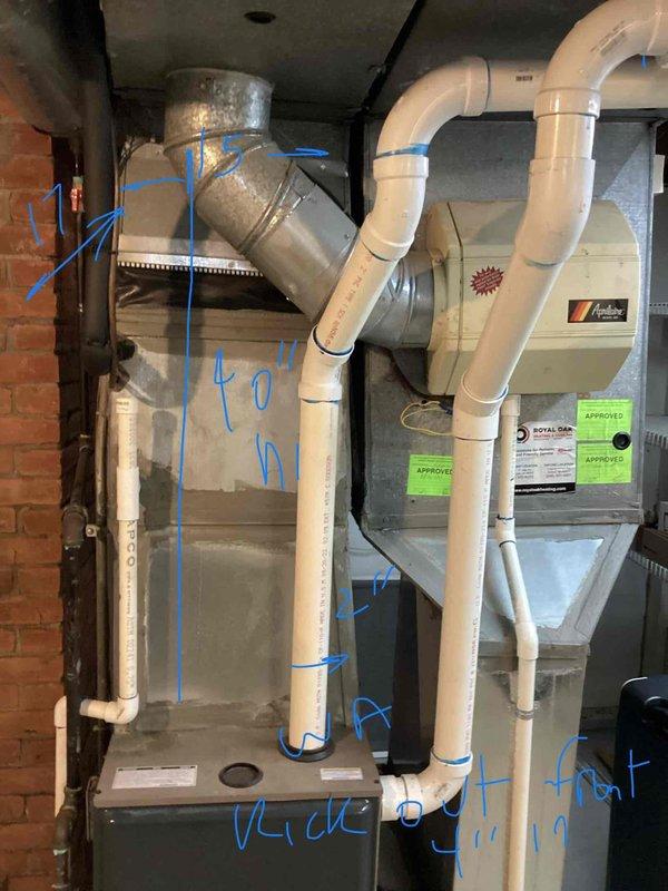 Completed comprehensive AC system evaluation for 19-year-old residential cooling equipment with outdoor condenser unit and basement evaporator coil. Performed detailed inspection and documentation of existing Evcon furnace and Carrier HVAC components, including assessment of ductwork configuration, PVC condensate drainage system, and air handling equipment. Marked and measured critical connection points throughout the system to provide accurate specifications for replacement estimate, identifying equipment age and configuration details necessary for proper system sizing and installation planning.