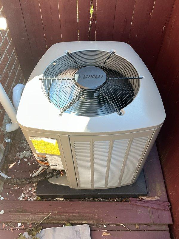 Completed comprehensive Gold AC and furnace inspection on 1-year-old Lennox system. Performed visual inspection of outdoor condenser unit, verified proper operation of fan motor and compressor, and assessed refrigerant lines. Inspected indoor gas furnace components including gas valve assembly, electrical connections, and burner compartment. Measured furnace filter dimensions per customer request and documented specifications for replacement filter provision. All equipment operating within normal parameters with no immediate service needs identified.