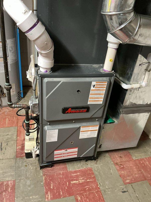 Completed heating maintenance tune-up on an 8-year-old Amana furnace located in the basement. Performed standard preventive maintenance procedures including inspection of all system components, burner assembly, heat exchanger, blower motor, electrical connections, and venting system. All systems found to be operating within normal parameters with no immediate repairs required at this time.