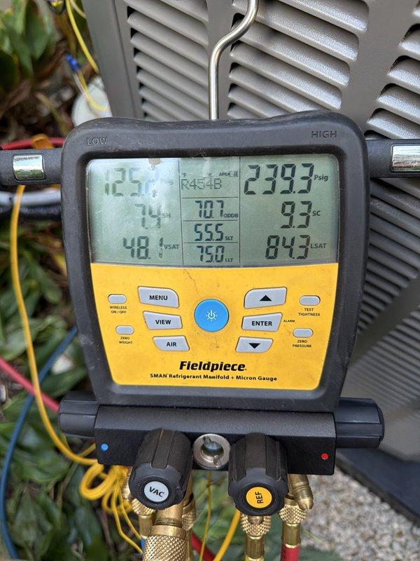 Completed full installation of 2.5-ton counterflow air conditioning system with matching evaporator coil at rear location. Installed new Ecobee 3 Lite thermostat and condensate pump, performed all electrical and mechanical connections per code requirements. System charged with R454B refrigerant, verified proper pressures and temperatures using manifold gauges, and confirmed all components operational within manufacturer specifications.