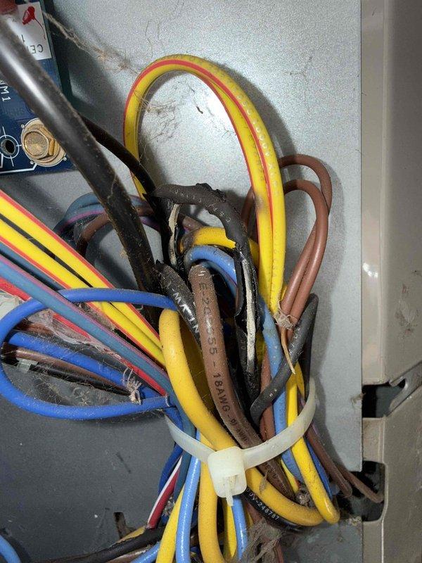 Responded to no cooling complaint on 10+ year old air conditioning system located in basement. Upon inspection, found unit blowing warm air. Evaluated blower assembly and electrical connections, verifying proper operation of squirrel cage fan and motor components. Inspected wiring bundle at junction point, confirming all electrical connections were secure and properly terminated. System components showed normal wear consistent with age, with blower wheel in clean condition and no visible debris accumulation affecting airflow.