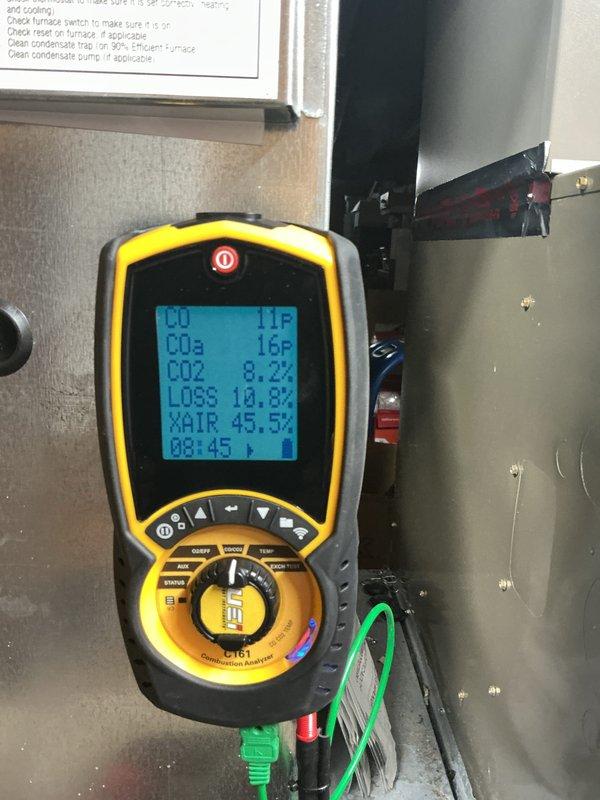 Completed comprehensive Gold Furnace Inspection on basement-located forced air heating system. Performed full combustion analysis using diagnostic meter, confirming CO readings at 16 PPM, CO2 at 8.2%, and combustion efficiency at 89.2% with 45.5% excess air. Inspected all internal components including blower motor assembly, burner ports, heat exchanger, electrical connections, and gas valve operation. All systems operating within manufacturer specifications with no safety concerns identified.