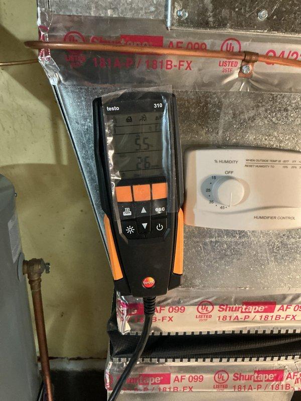Completed annual Gold Plan furnace inspection on one-year-old unit. Performed comprehensive system evaluation including visual inspection of all internal components, gas valve assembly, electrical connections, and blower motor. Conducted combustion analysis testing using Testo 310 analyzer to verify proper efficiency and safe operation. Verified humidistat control settings and ductwork connections. All components operating within manufacturer specifications with no deficiencies noted. System found in excellent condition with no repairs required.