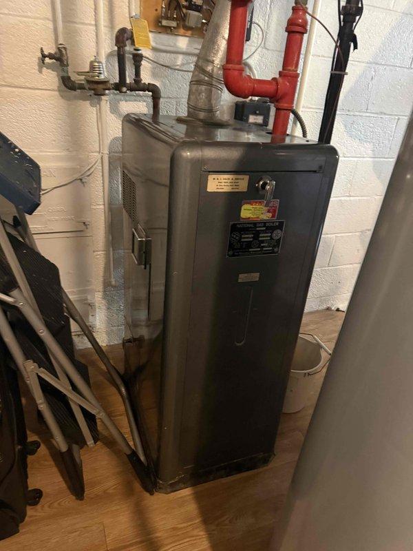 Completed comprehensive HVAC tune-up on 3-year-old system located in basement, including full inspection of furnace, humidifier, thermostat, and hot water tank. Documented water heater condition with visible rust staining around base mounting bracket and drain pan area requiring monitoring for potential leak development. All mechanical systems inspected and operational at time of service.