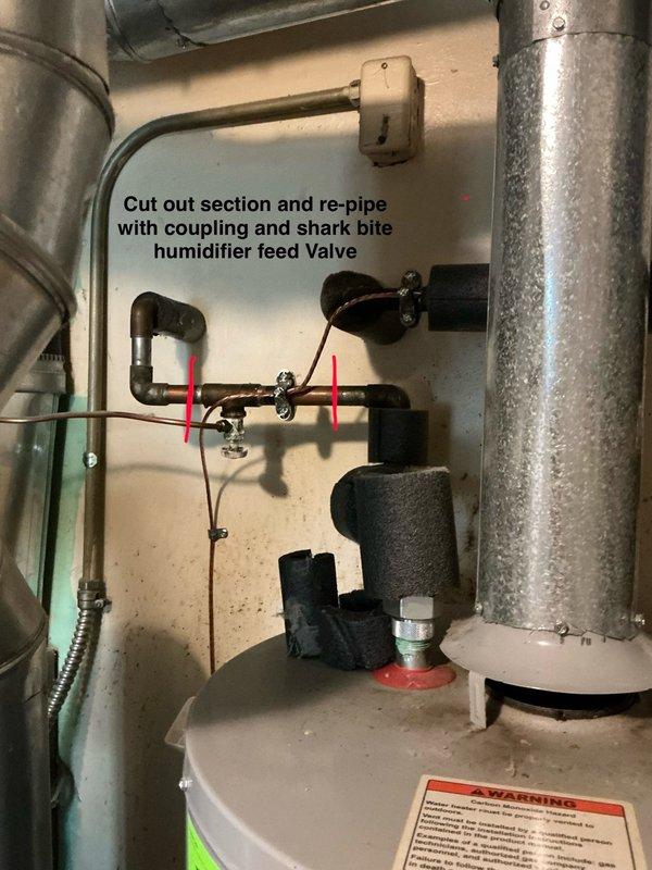 Completed comprehensive Gold-level furnace inspection on 10+ year old forced air heating system located in basement. Unit was operational at time of service. Identified issue with humidifier feed line requiring repair—marked sections of piping for cut-out and replacement with coupling and shark bite humidifier feed valve to restore proper water supply to humidification system. Documented existing plumbing configuration including copper supply lines, shut-off valves, and connection points for future reference and corrective action.