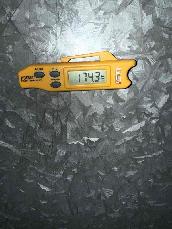 Completed comprehensive furnace inspection and tune-up on forced air heating system located in basement. Inspected and verified proper operation of all system components, including burner assembly, heat exchanger, blower motor, and safety controls. Checked air filter condition, which appeared clean with minimal dust accumulation. Measured supply air temperature at 174.3°F, confirming proper heat output and combustion efficiency. All components operating within normal parameters for equipment of this age.
