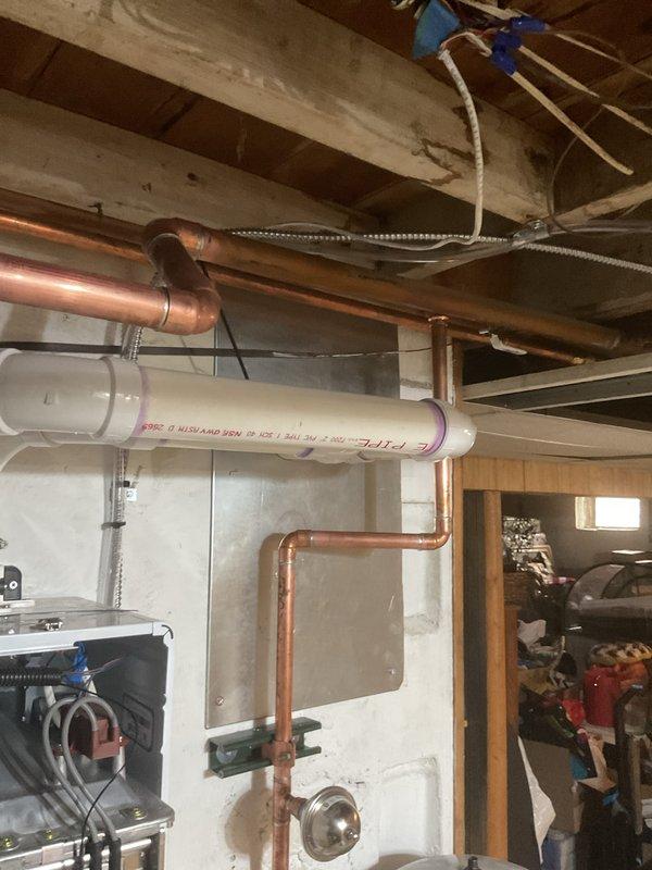 Completed installation of Navien combi boiler system with associated plumbing connections and electrical controls. Installed three circulation pumps and three thermostats to support multi-zone heating operation. Ran copper supply and return piping with proper support brackets, installed PVC venting system, and made all necessary gas line reconnections. Secured mechanical and electrical permits prior to installation. System tested and operational upon completion of two-day installation.
