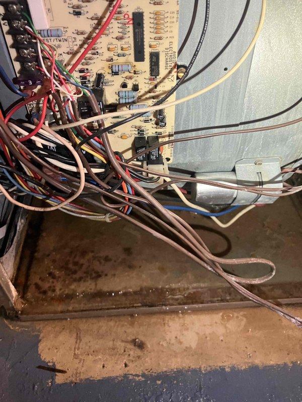 Responded to no-heat call on 10+ year old furnace located in basement. Upon inspection, found unit failing to ignite due to corroded and deteriorated control board and burner assembly. Evidence of prolonged moisture exposure was visible throughout the unit, with extensive rust staining on the metal base and water damage affecting electrical components. Control board showed signs of environmental degradation with multiple colored wire connections compromised by corrosion. Burner ports and heat exchanger displayed significant age-related wear and residue buildup. Documented existing conditions with photos showing circuit board deterioration, corroded metal surfaces, and compromised burner assembly. Advised homeowner of findings and provided recommendations for necessary repairs or replacement given the age and condition of the equipment.