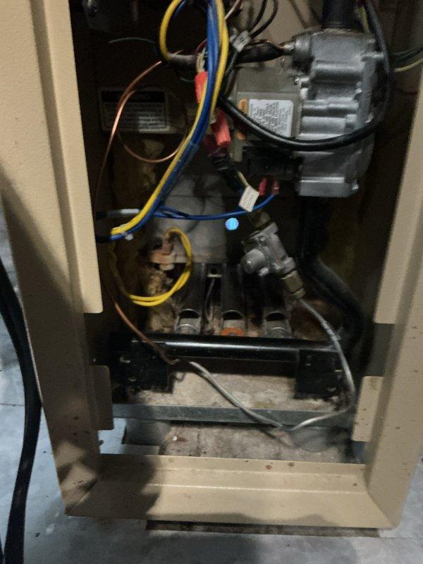 Completed comprehensive Gold-level maintenance inspection on residential boiler system (circa 2007) located in main floor utility room. Inspected all internal components including blower motor assembly, gas valve connections, electrical wiring, control modules, and safety systems; all mechanical and electrical components found operating within normal parameters. Identified significant corrosion and heavy mineral deposit buildup on vertical copper supply piping, indicating active or previous water leakage that requires attention to prevent system failure; recommended pipe replacement to address deterioration before compromising system integrity.