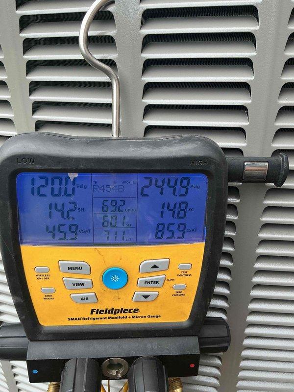 Completed installation of 4-ton air conditioning unit with matching evaporator coil in right side yard location. Performed mechanical-only installation with system reconnection to existing ductwork and electrical. Verified system operation using digital manifold gauges, confirming proper refrigerant pressures, superheat, and subcooling readings within manufacturer specifications for optimal performance.