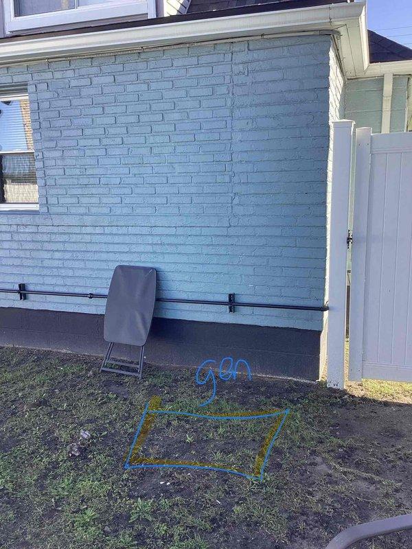 Conducted on-site evaluation for whole home generator installation at residential property. Assessed exterior wall mounting location on light blue brick structure and documented existing natural gas meter installation with current piping configuration. Evaluated gas service capacity, meter accessibility, and proposed generator placement area marked on ground near exterior wall. Reviewed electrical service panel requirements and determined optimal routing for gas line connection from existing meter to proposed generator location. Documented site conditions including ground surface preparation needs and clearance requirements from structure and property boundaries. Provided comprehensive electrical estimate for new whole home generator system installation including all necessary materials, labor, permits, and connection to existing natural gas infrastructure.