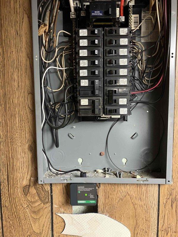 Inspected electrical panel and identified a 14-year-old whole house surge protector that has exceeded its recommended service life and poses a potential fire hazard. Provided estimate for immediate replacement of the surge protection device to ensure continued electrical system safety and protect against voltage spikes.