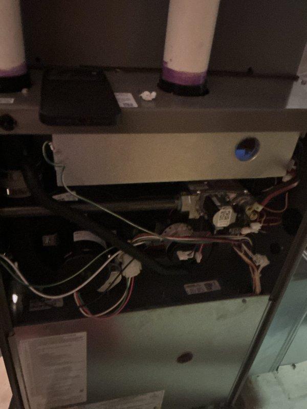 Completed comprehensive Gold Furnace Inspection and tune-up on two 2-year-old furnaces located in basement under Flame Fixed Membership plan. Performed full system diagnostics, inspected all internal components, verified electrical connections, and tested operational controls on both units. Accessed interior compartments to examine wiring harnesses, control boards, and safety mechanisms. Confirmed proper furnace operation and system functionality. 

Customer reported humidifier malfunction from previous season resulting in low humidity levels. Conducted preliminary inspection of humidifier system connected to furnace during tune-up service. Documented humidifier concerns for follow-up service visit. Photographed internal components showing wiring configuration, control modules, and mechanical systems for service records. Both furnaces operating within manufacturer specifications at time of inspection.